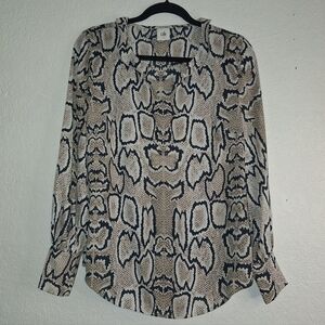 Cabi Womens S Popover Blouse Ruffle V Neck Long Sleeve Snake Print Black Brown